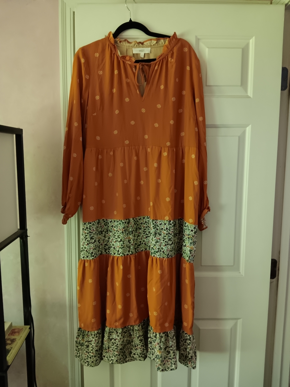 Lucky Brand Mustard Tiered Maxi Dress with Floral Panels XL